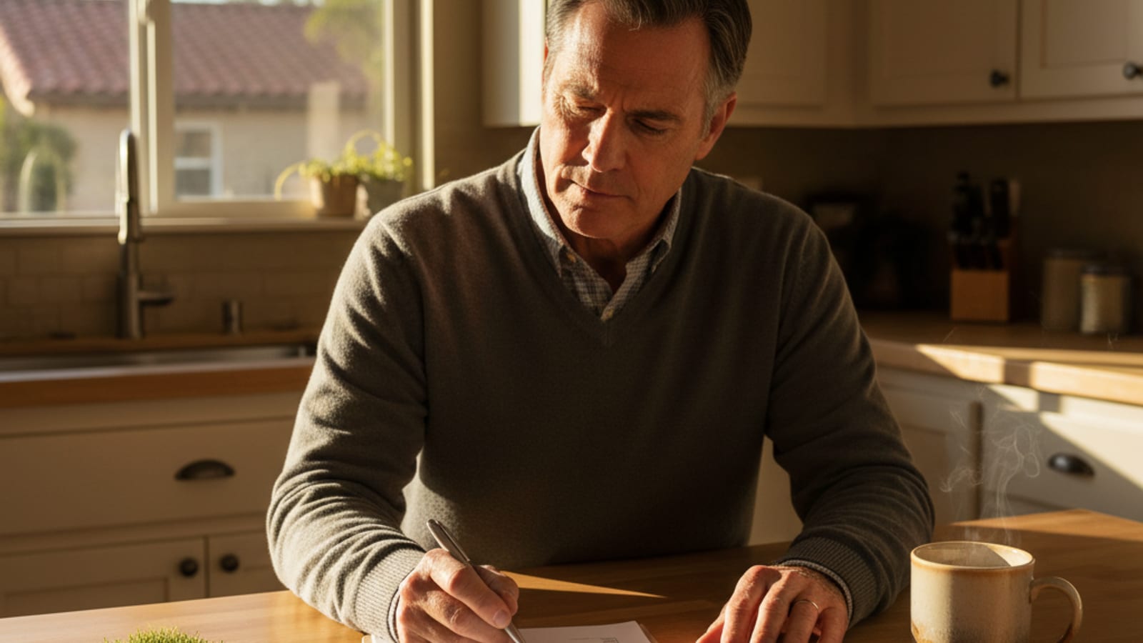 Homeowner reviewing an artificial turf installation quote on a clipboard with a calculator at a San Diego kitchen counter