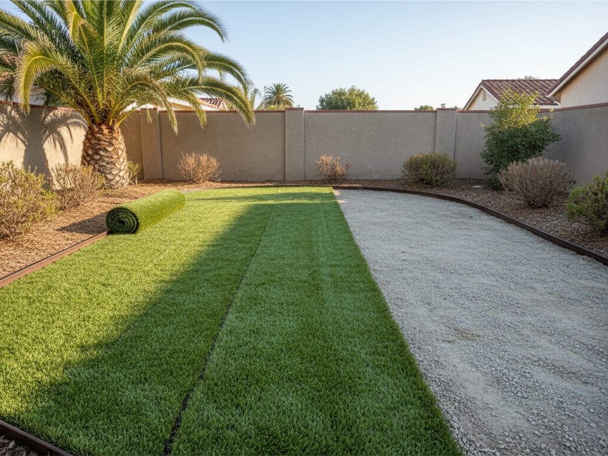 Newly installed artificial turf rolled onto a freshly graded backyard base in a San Diego home