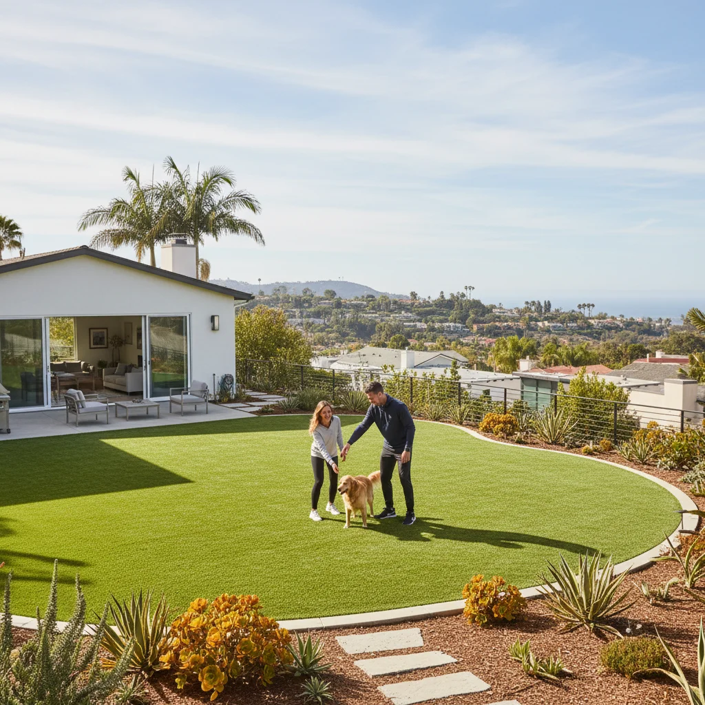 A finished artificial turf lawn in a sunny San Diego backyard with a clean install crew area nearby