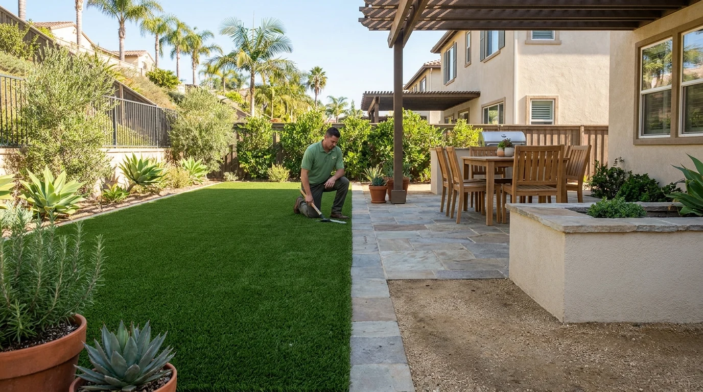 Split San Diego backyard showing lush artificial turf on one side and tidy hardscape on the other