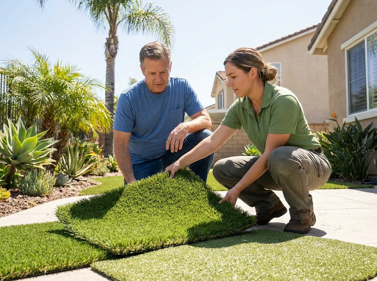 Homeowner and installer reviewing artificial turf samples in a sunny San Diego yard