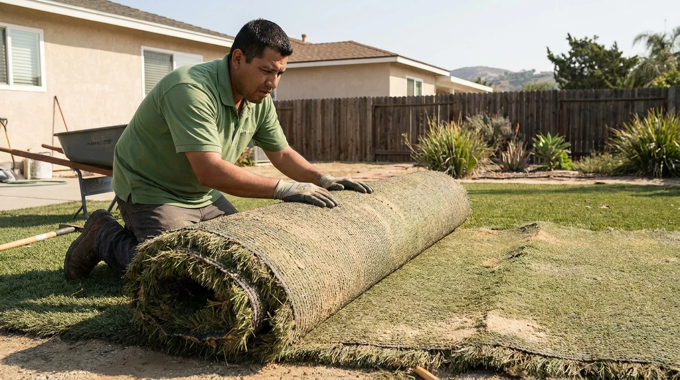 Installer lifting and rolling up old worn artificial turf from a San Diego backyard