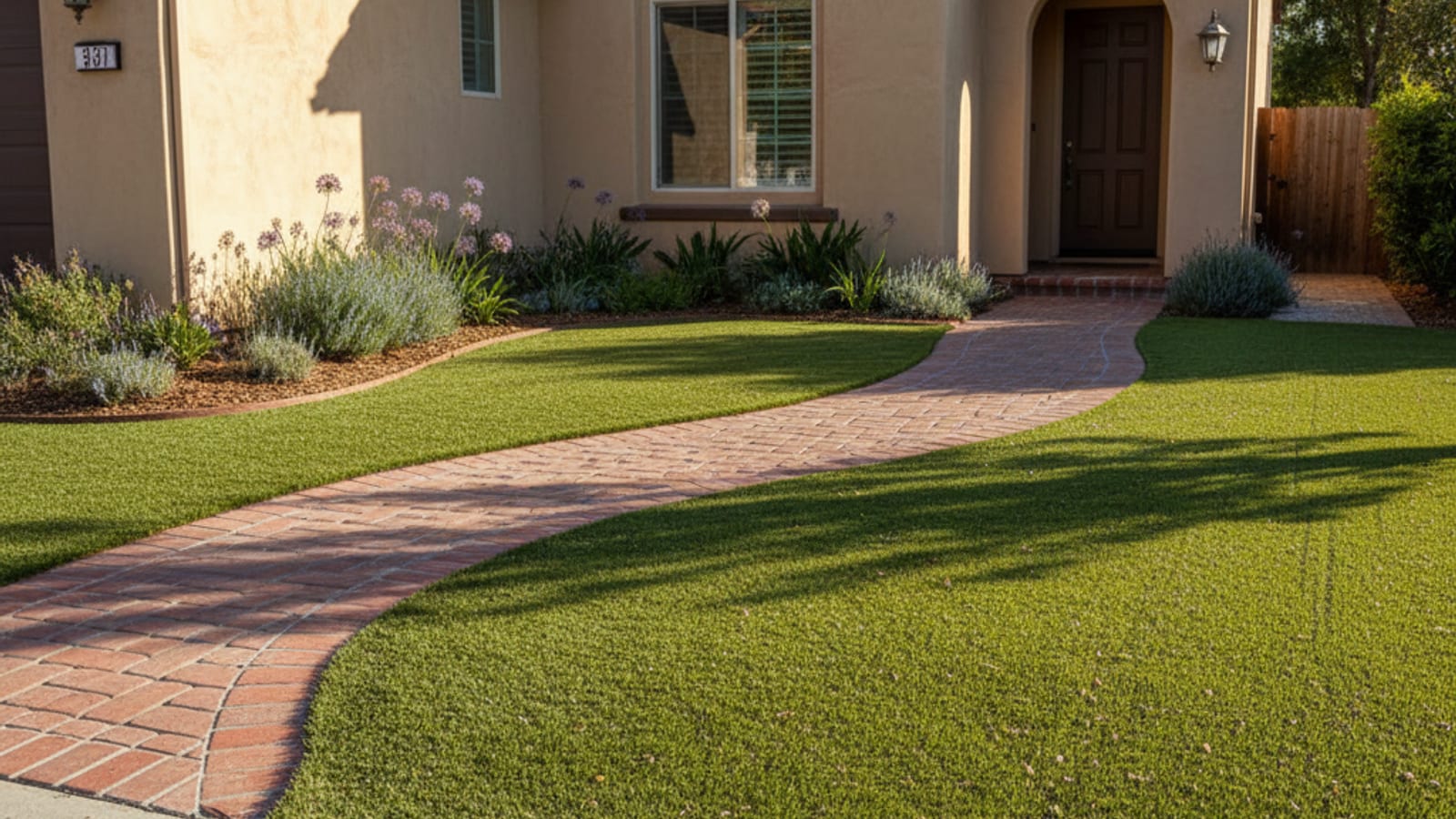 Front yard of a San Diego HOA-style home with newly installed artificial turf framing a brick walkway