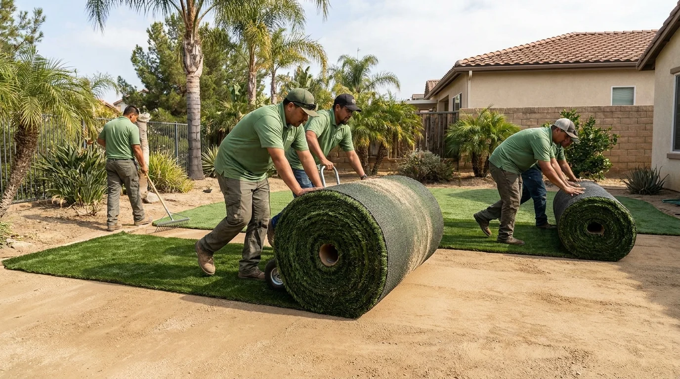 Installation crew rolling out artificial turf over a compacted base in a San Diego backyard