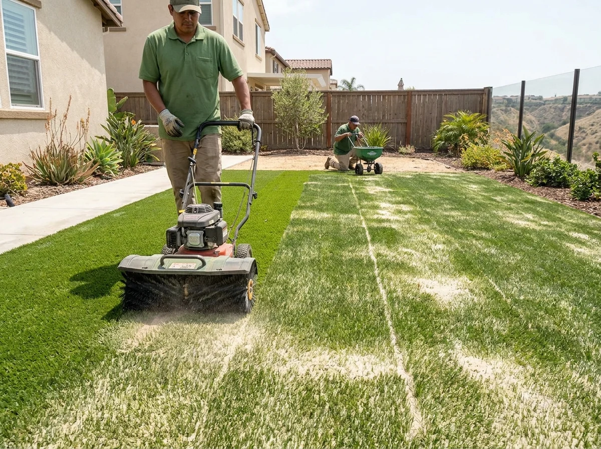Worker spreading silica sand infill and power brushing artificial turf fibers upright