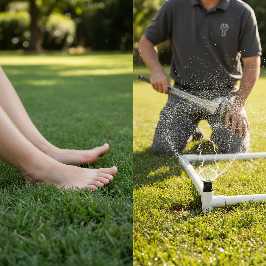 A split image: on the left, a person's bare feet comfortably on shaded turf; on 