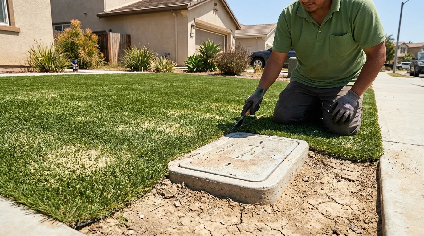 Green artificial turf lawn beside a dry water meter in a sunny San Diego front yard