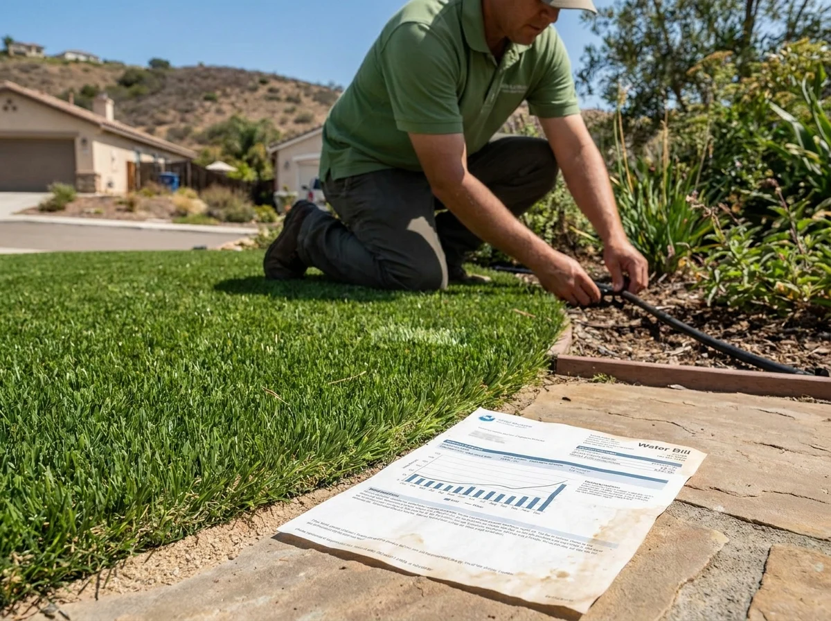 Drip irrigation and a water bill next to a healthy artificial turf lawn in San Diego