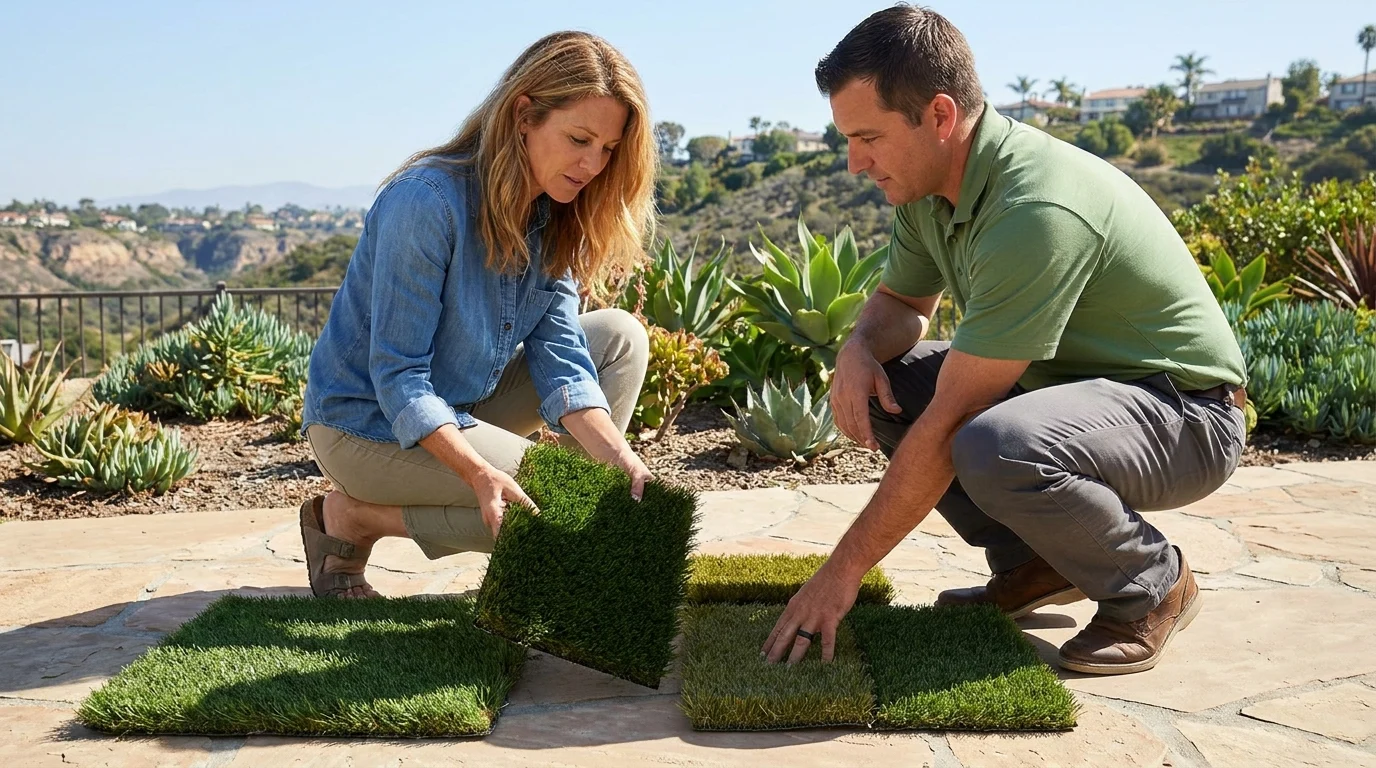 Homeowner comparing artificial turf samples of different pile heights and colors in San Diego
