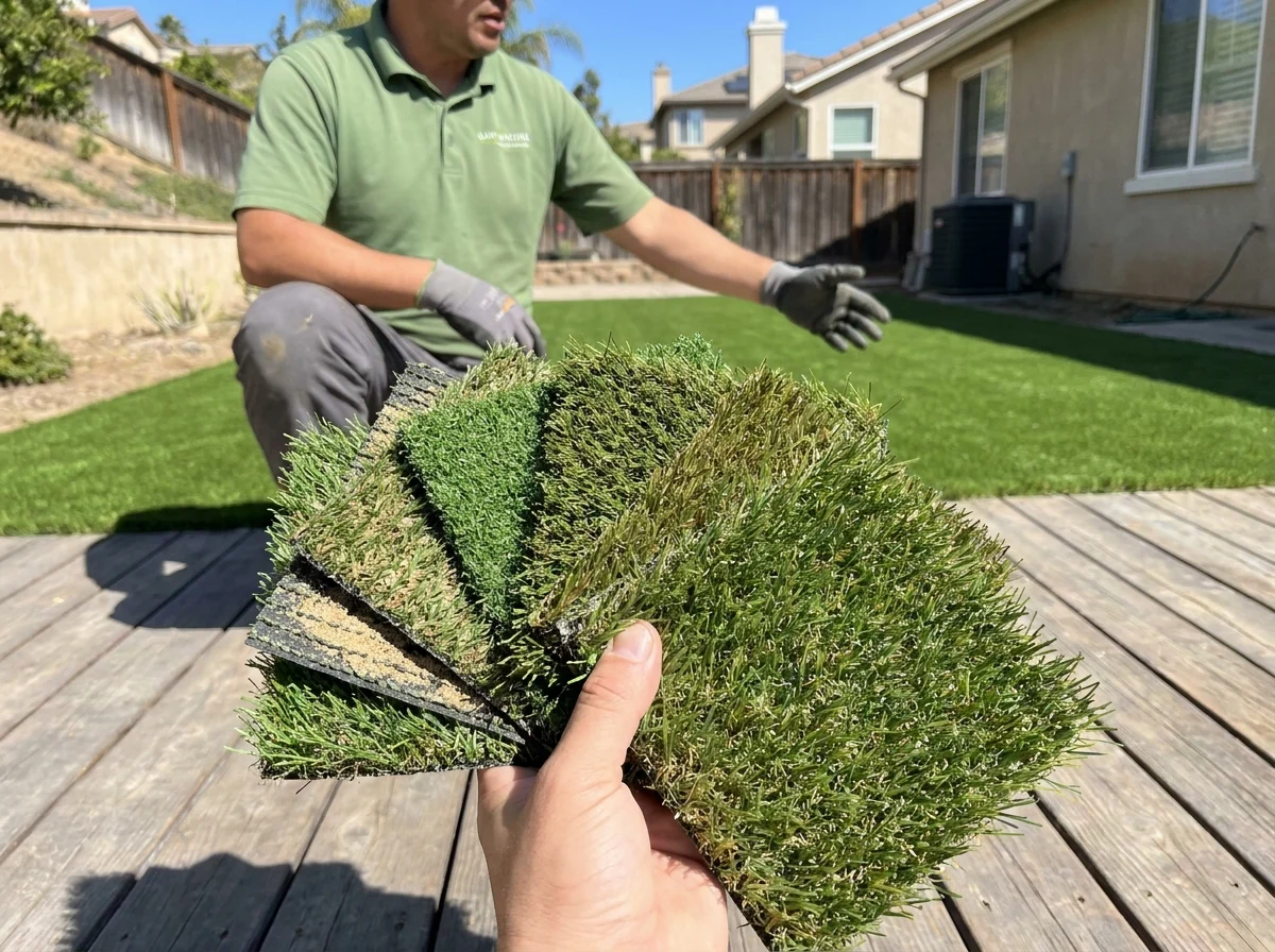 Fan of artificial turf samples showing face weight, pile height, and color differences