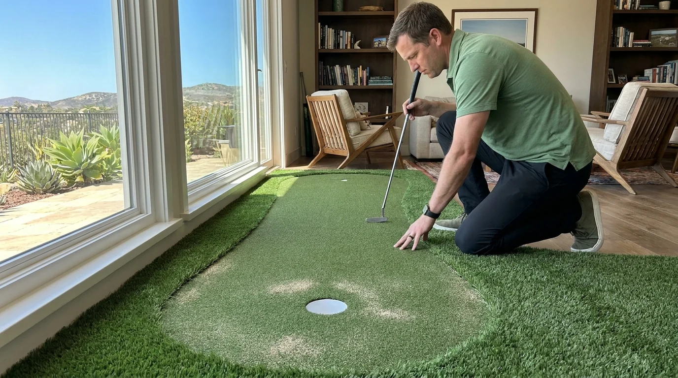Indoor putting green with a true-roll surface and a cup set into a San Diego home bonus room