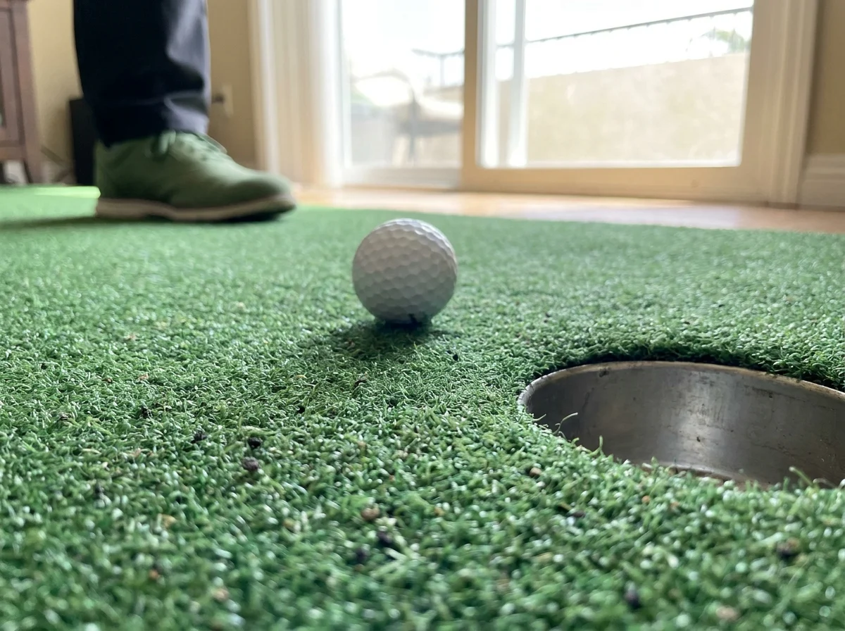 Close-up of a golf ball rolling toward a cup on a nylon indoor putting green surface