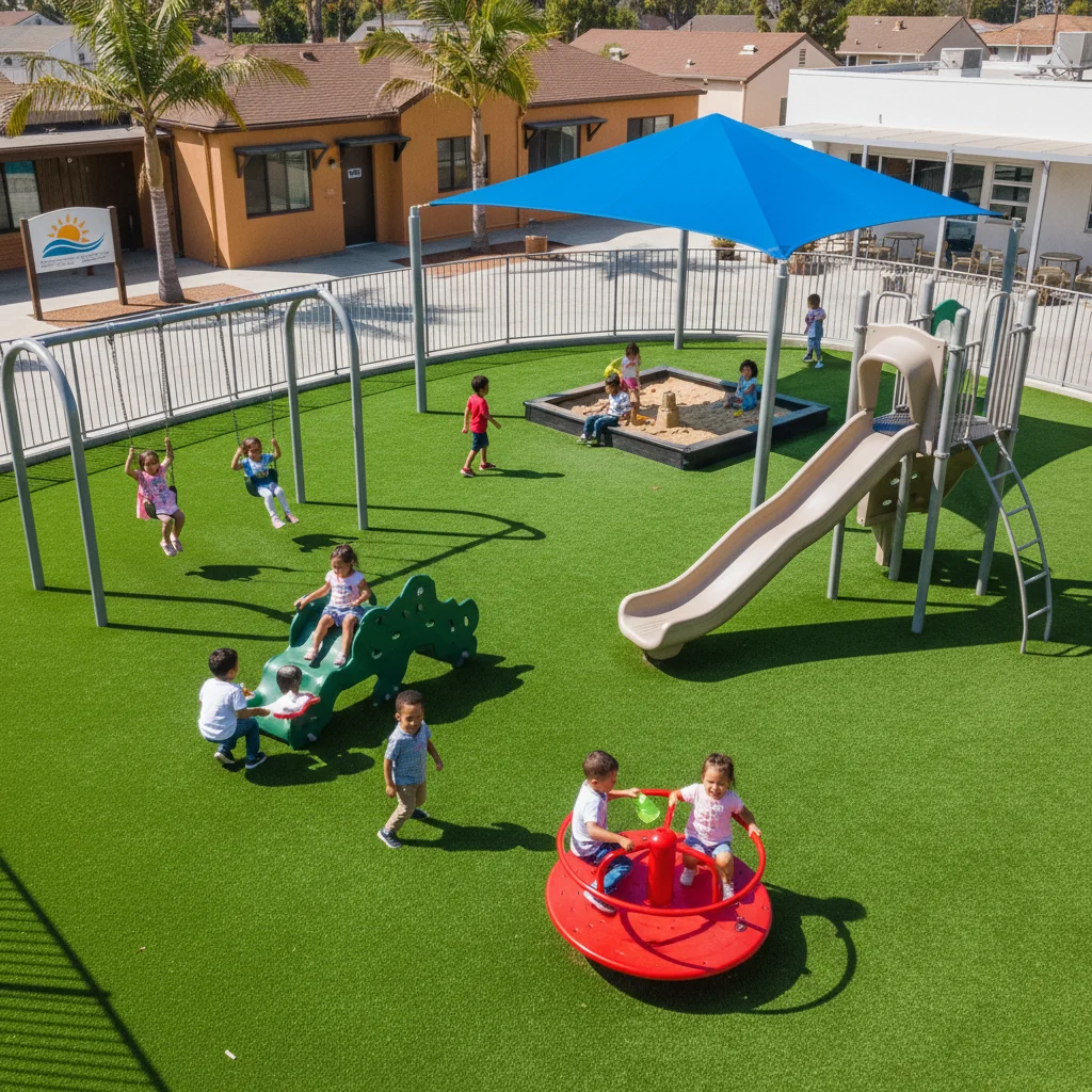 A bright, sunny overhead shot of a clean, modern playground with safe, vibrant g