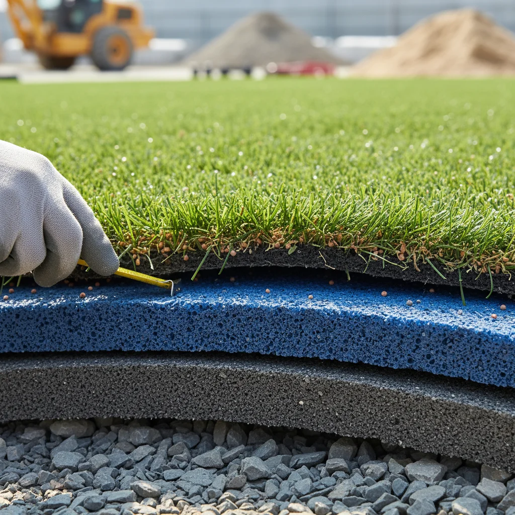 A close-up shot showing the cross-section of playground turf, highlighting the p