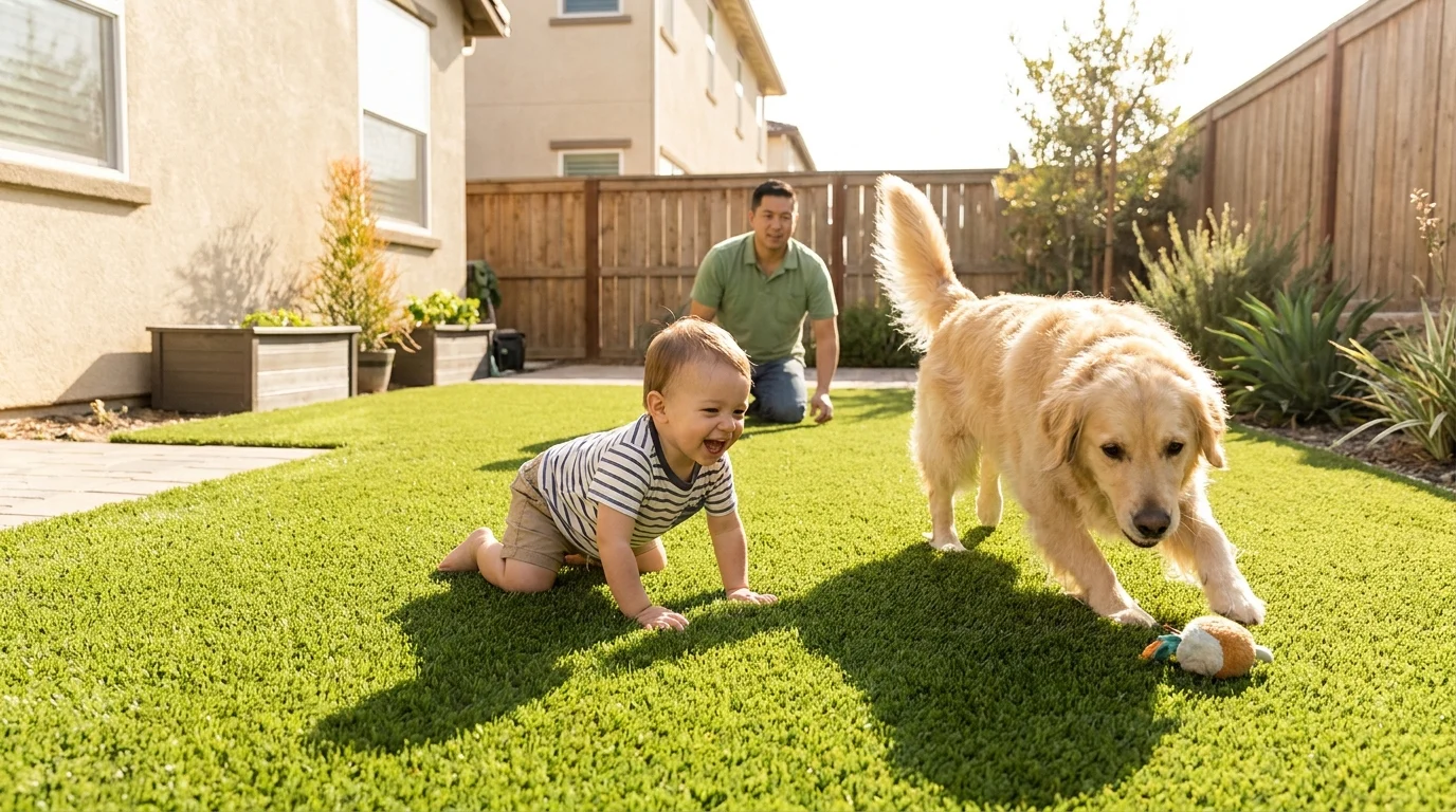 Child and dog playing on clean artificial turf in a safe, sunny San Diego backyard
