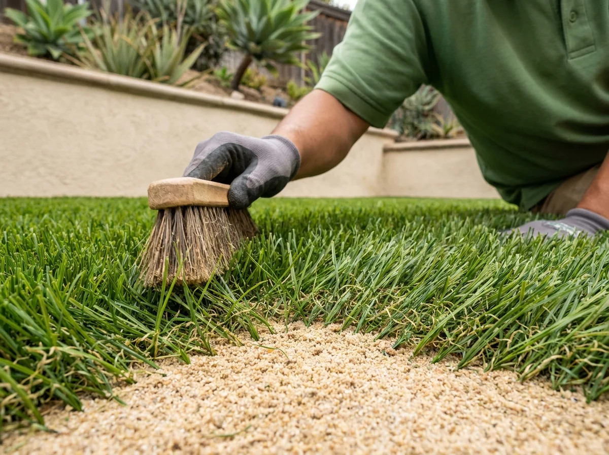 Close-up of lead-free artificial turf with natural sand infill instead of crumb rubber