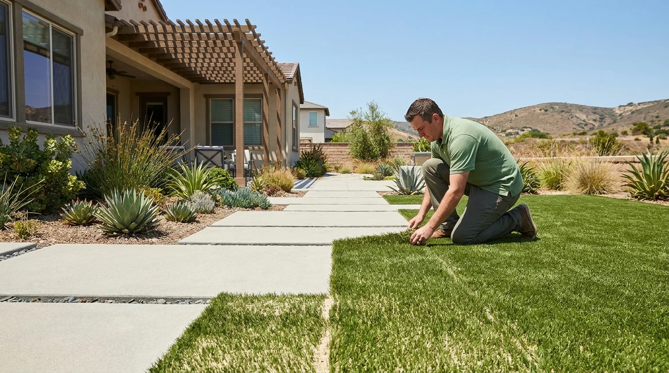 Modern San Diego backyard with artificial turf, pavers, and drought plants instead of a lawn