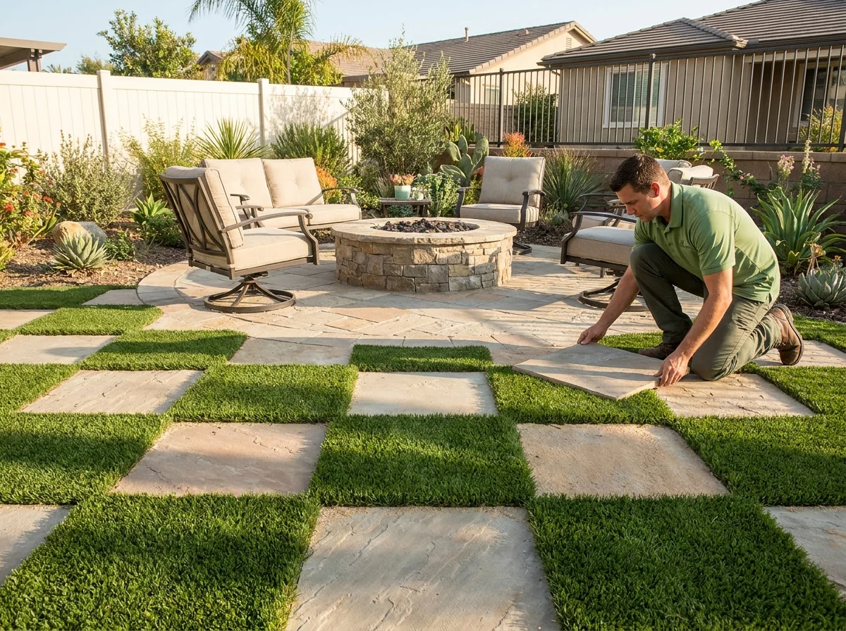 Turf-and-paver checkerboard patio with a fire pit in a low-water San Diego backyard