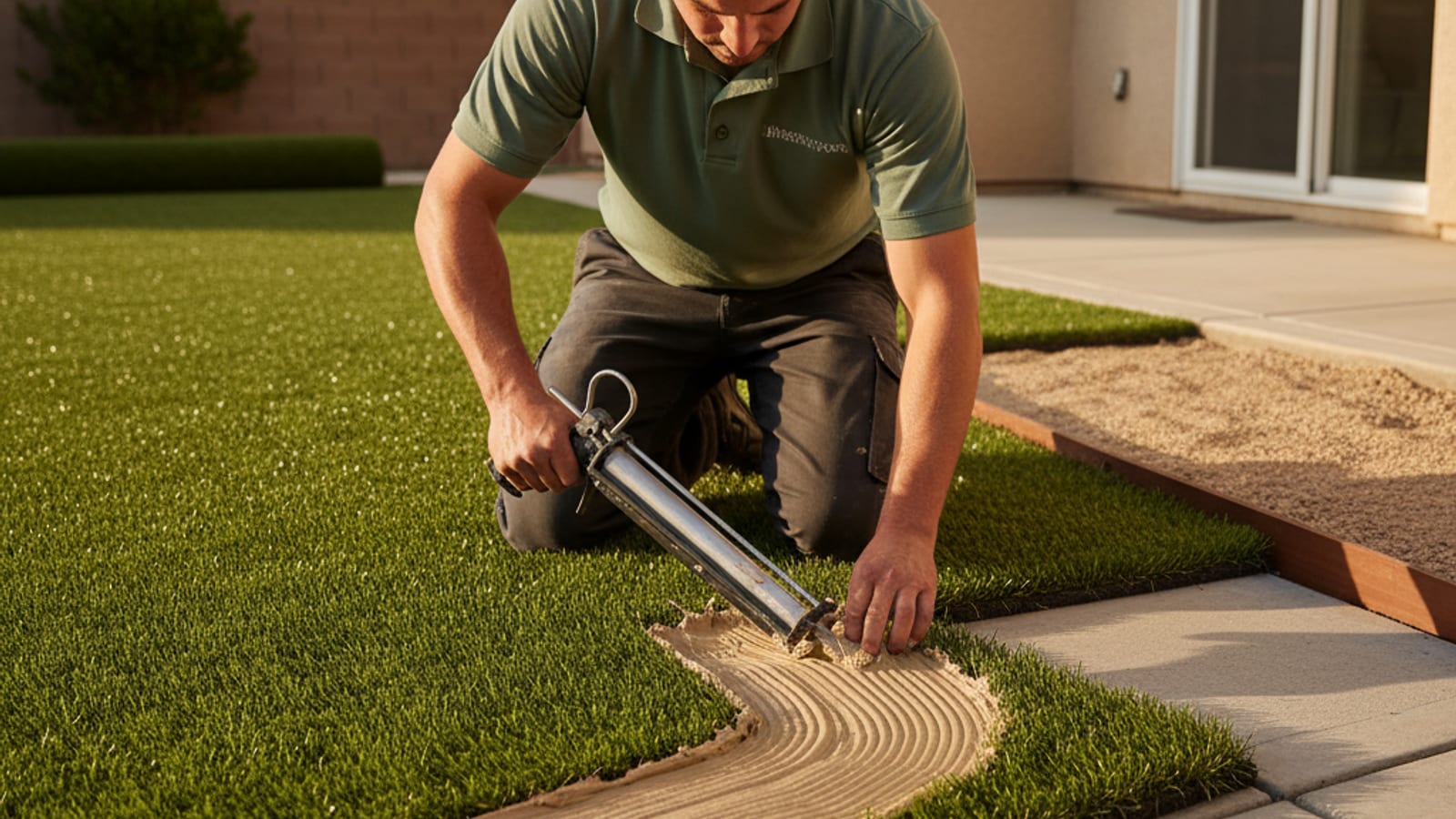 Installer rolling out turf and applying adhesive on a concrete patio in a San Diego backyard