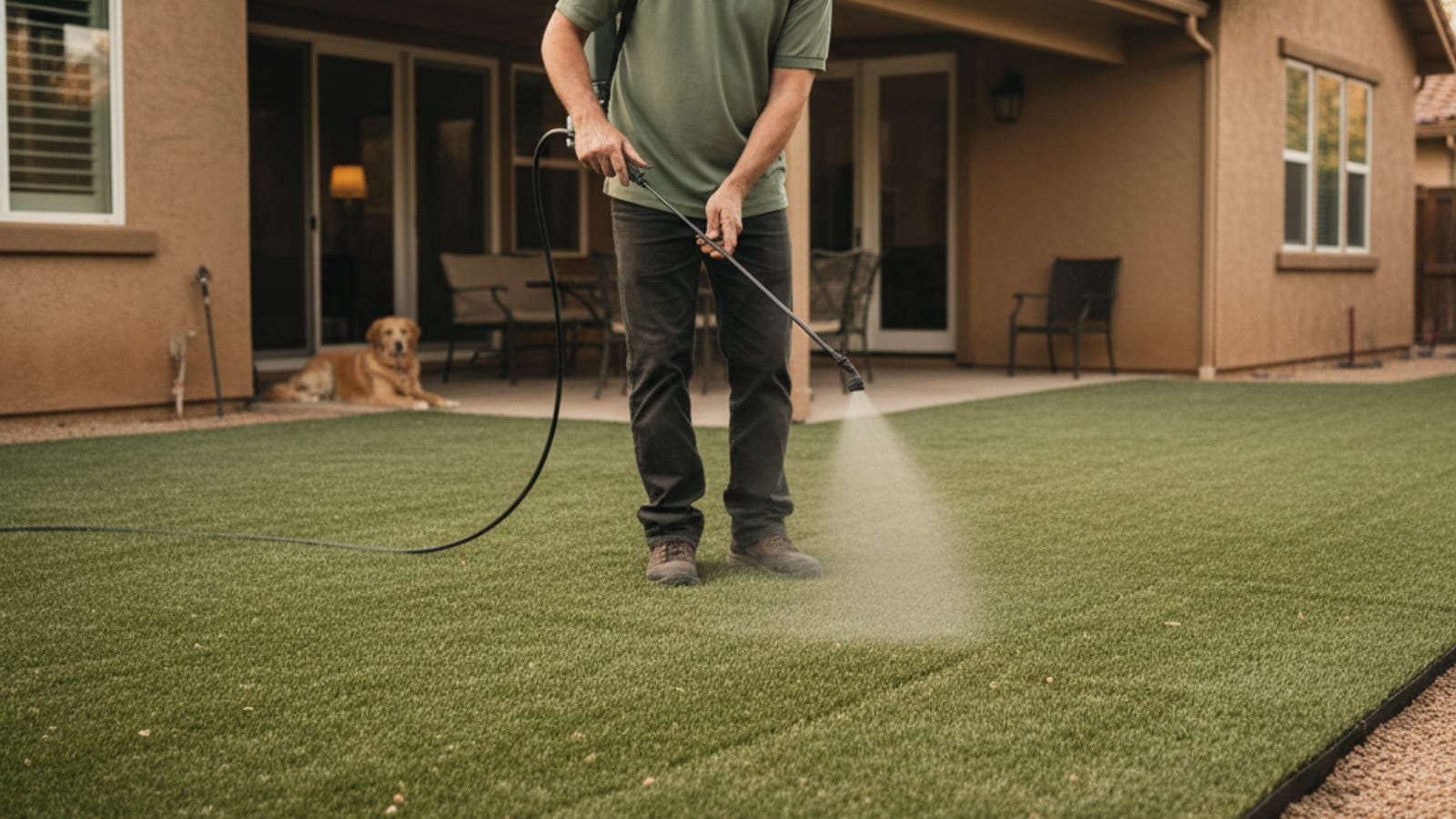 Homeowner spraying enzyme cleaner onto pet turf in a San Diego backyard with a dog in the background