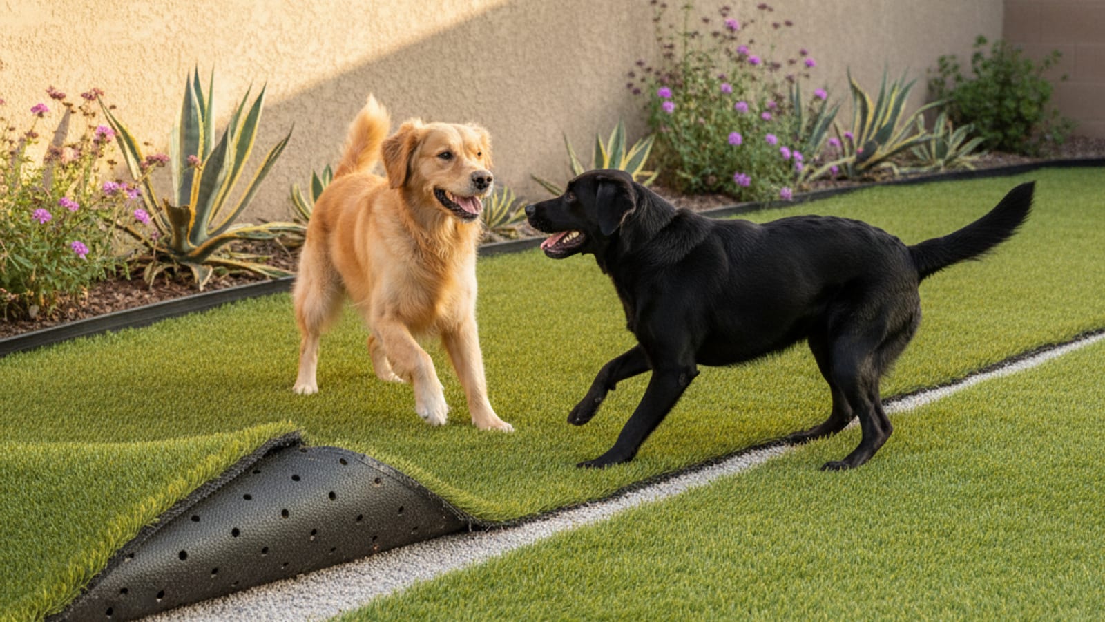 Two dogs playing on artificial pet turf in a San Diego backyard