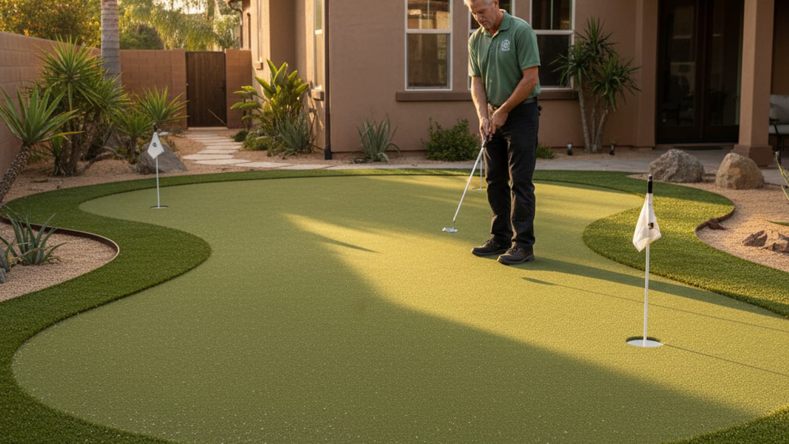 Backyard putting green with golfer setting up a putt in a San Diego yard at golden hour
