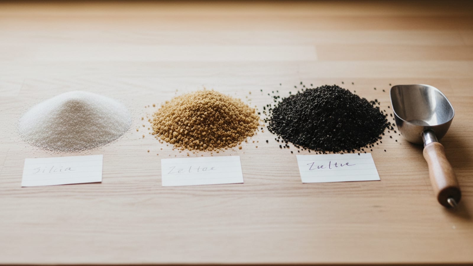 Side-by-side comparison of silica sand, zeolite, and rubber turf infill samples on a workbench in San Diego