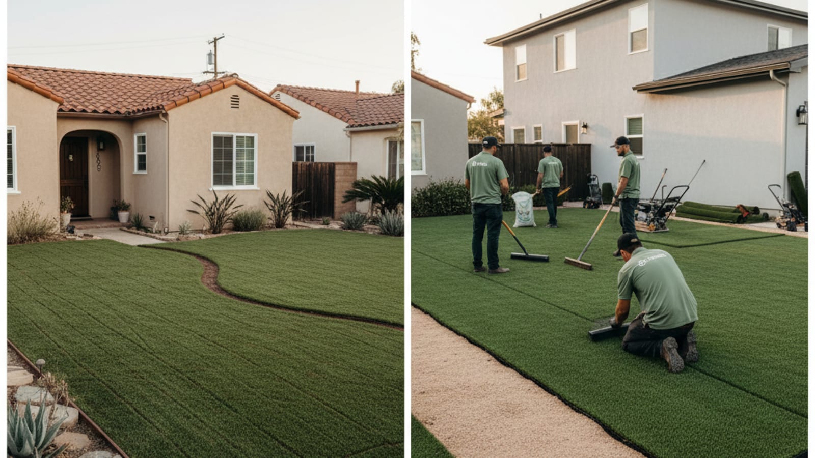 Comparison view of a five-year-old turf yard alongside a freshly installed yard in a San Diego neighborhood