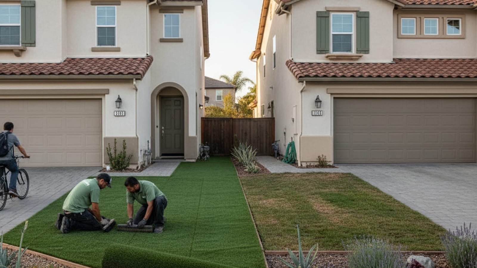 Side-by-side comparison of an artificial turf yard and a sod yard in a San Diego neighborhood