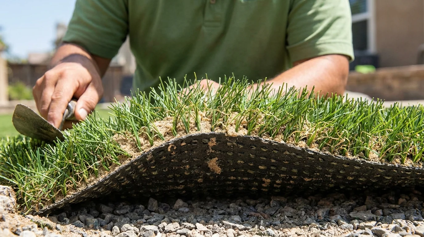 Cross-section of artificial turf showing green fibers, backing, drainage holes, and sand infill