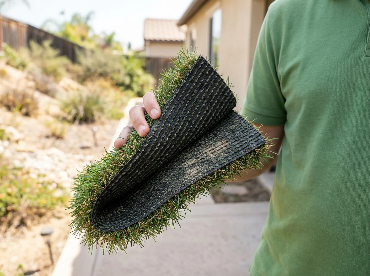 Hand holding a folded artificial turf sample showing the backing and fiber tufts