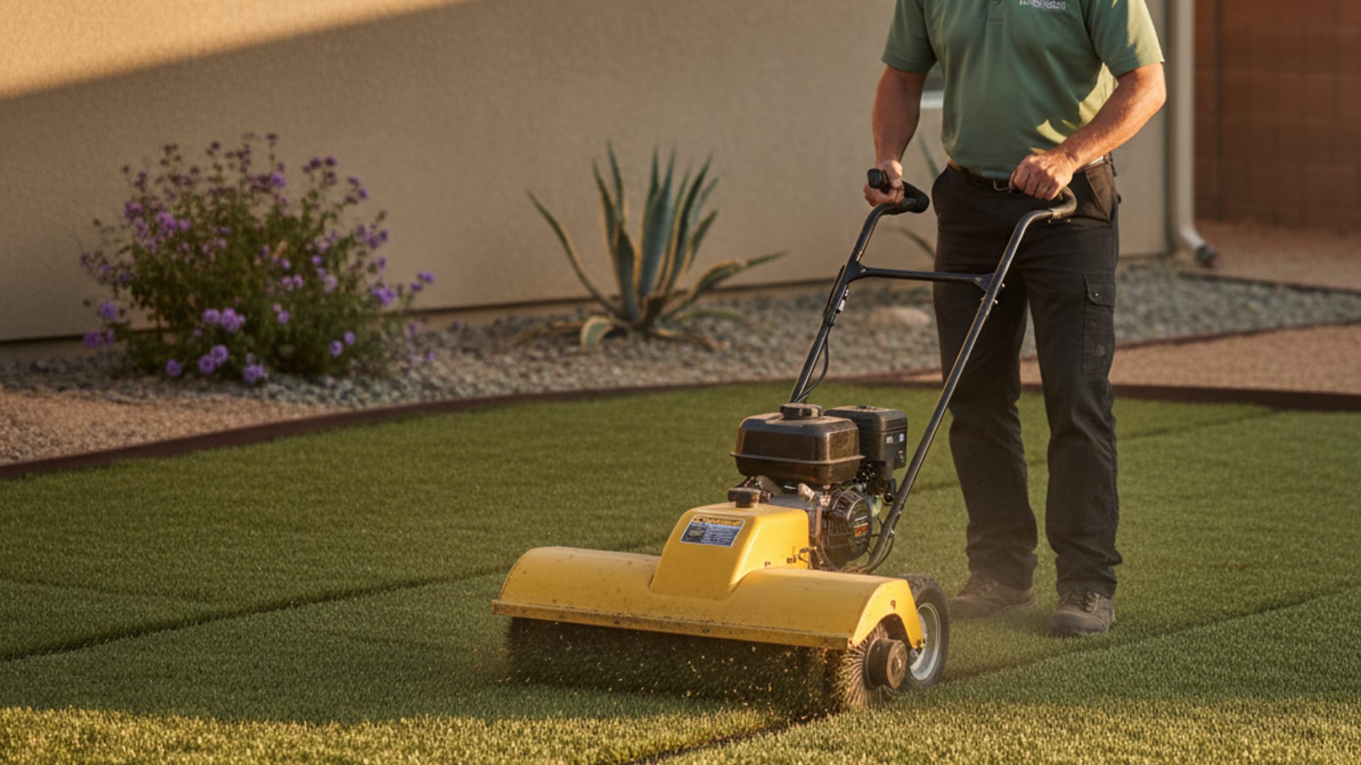 Turf installer running a power broom over freshly installed artificial turf in a San Diego backyard at golden hour