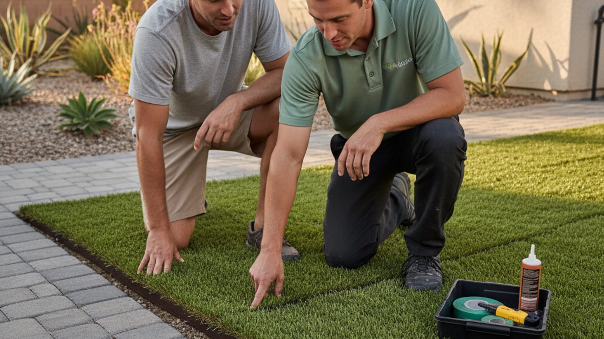 turf installer showing a homeowner thermostat settings on a smart thermostat inside a warm well-lit San Diego home