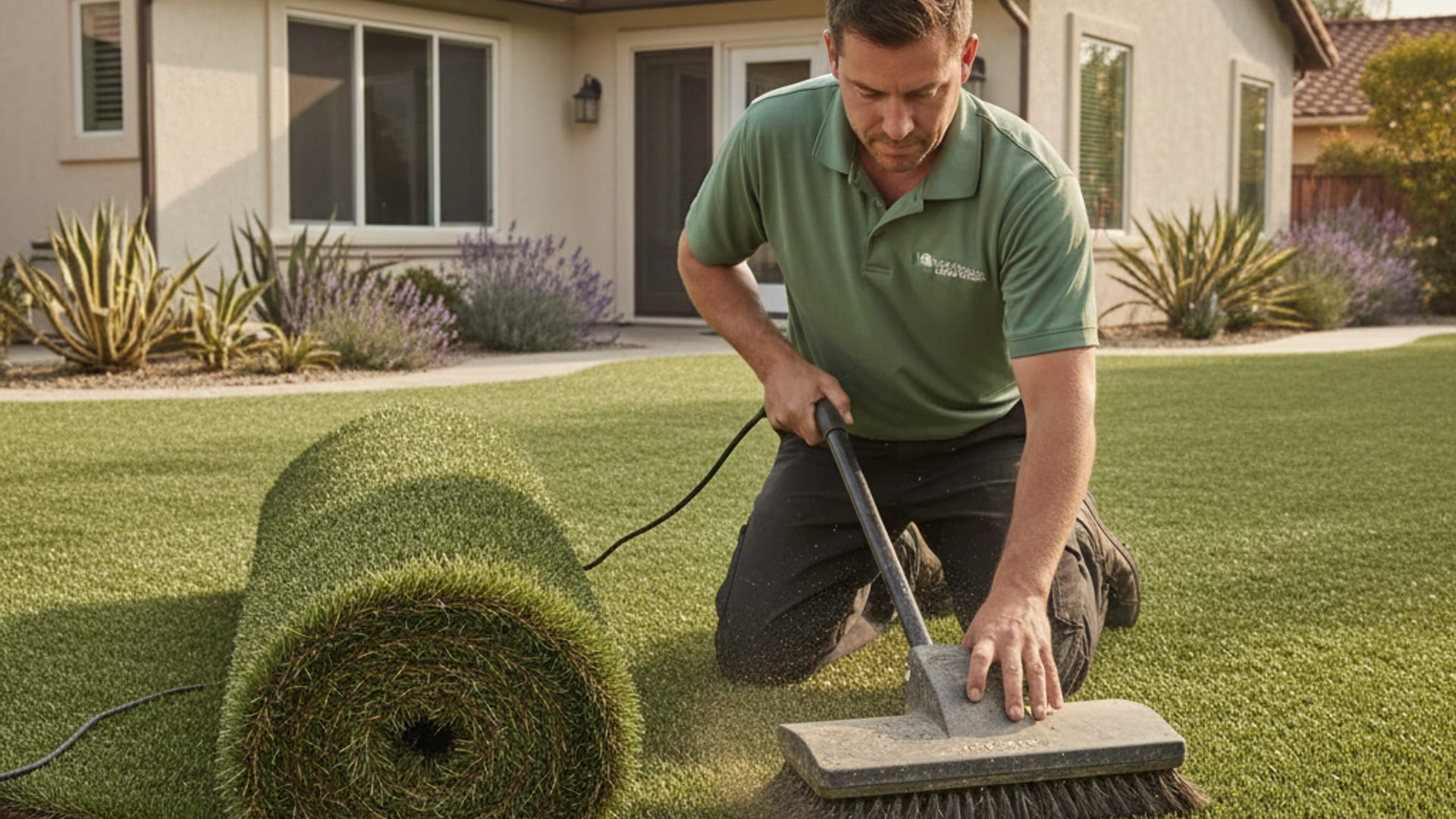 Turf installer rolling fresh artificial turf onto a graded backyard base in a San Diego home in warm afternoon light