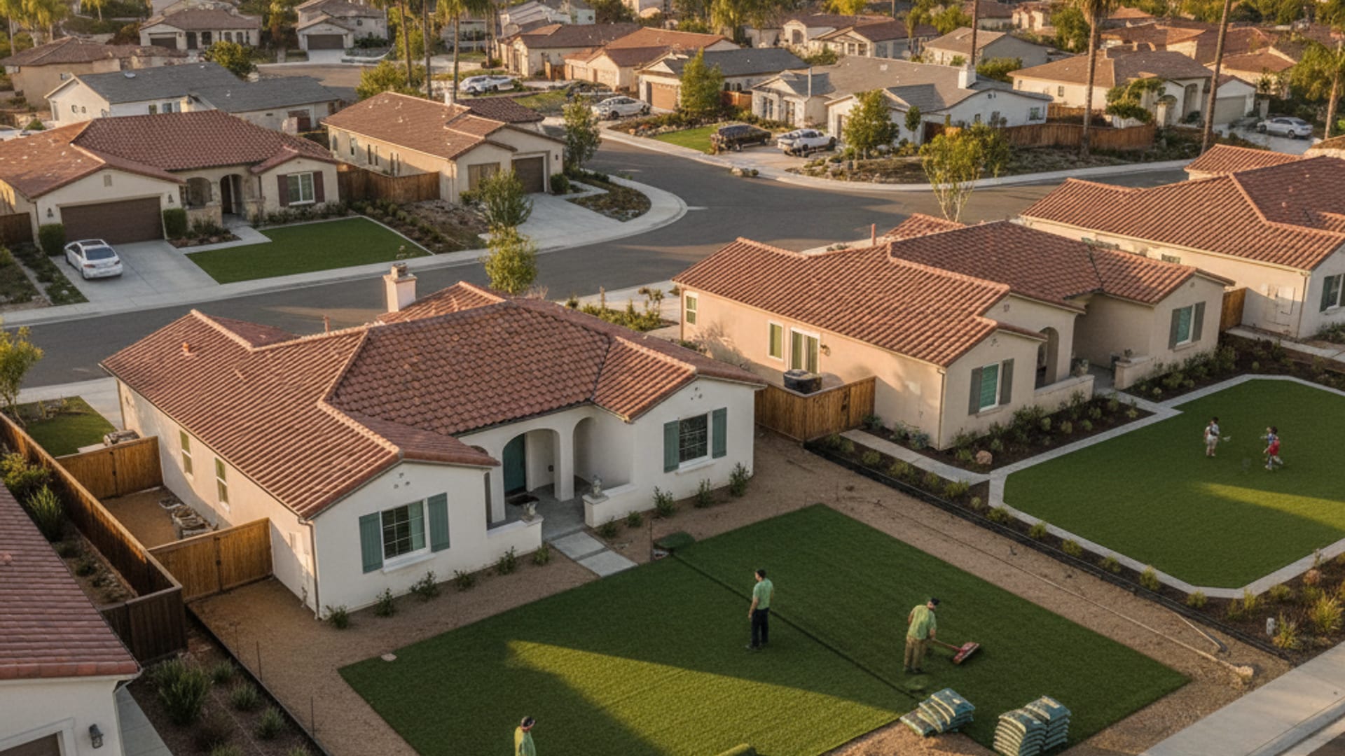Aerial view of a San Diego County residential neighborhood with stucco homes and several yards converted to artificial turf at golden hour