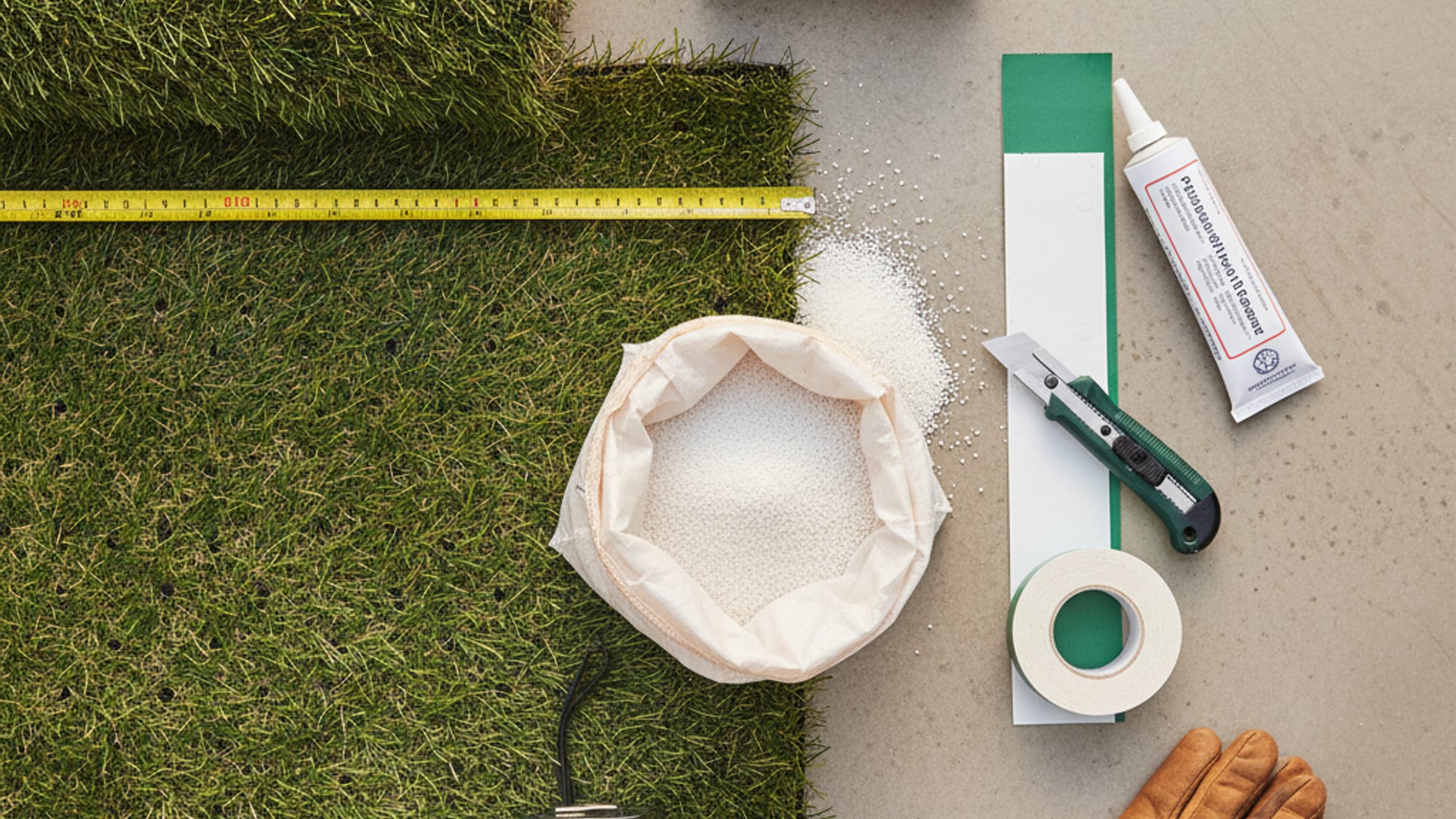 Overhead flat-lay of professional artificial turf installation equipment including a turf roll, infill bag, adhesive, seam tape, and turf knife on a clean work surface