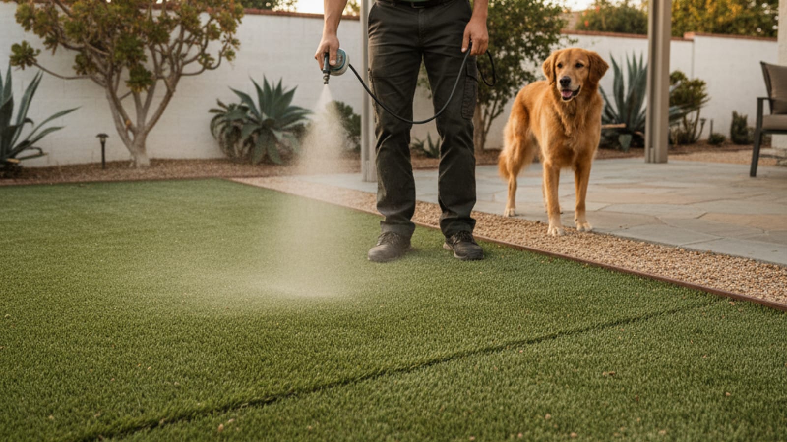Homeowner spraying enzyme cleaner onto pet turf in a San Diego backyard with a dog in the background