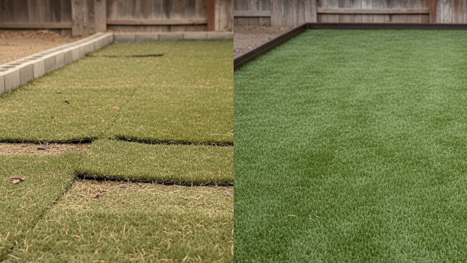 Side-by-side comparison of a DIY turf install with visible seams next to a professionally installed turf yard in San Diego