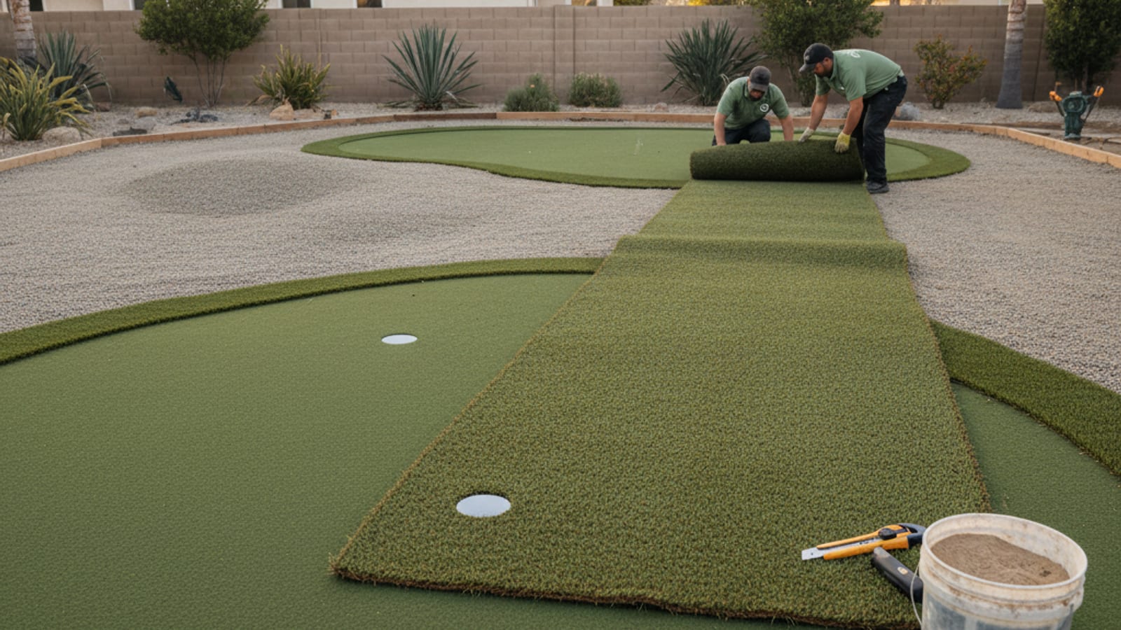 In-progress backyard putting green install showing compacted base, cup placement, and turf rollout in San Diego