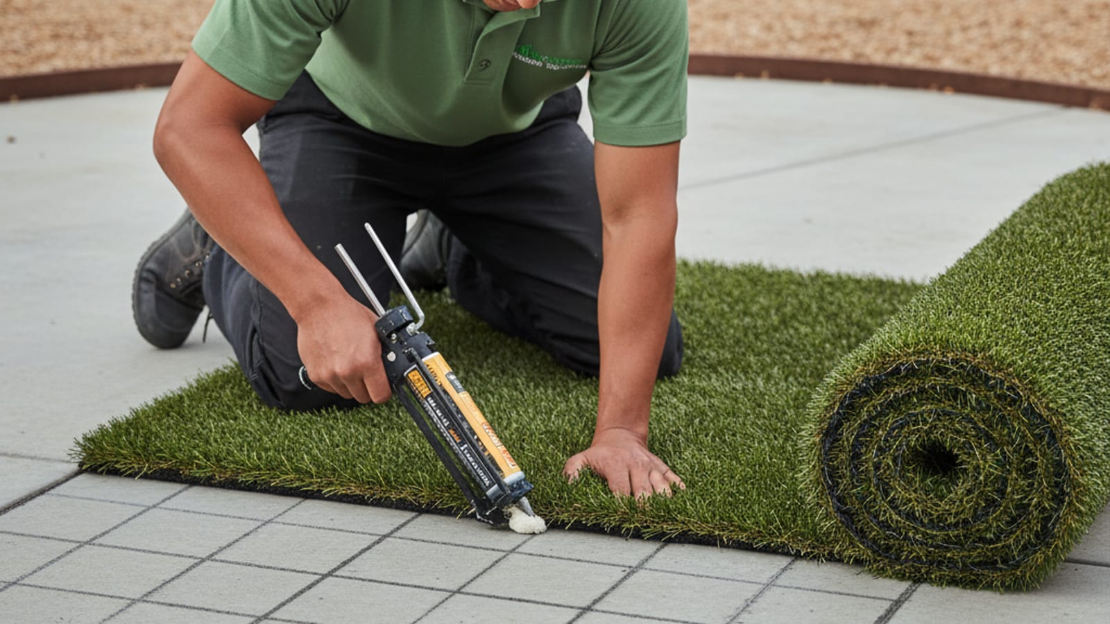 Installer rolling out turf and applying adhesive on a concrete patio in a San Diego backyard