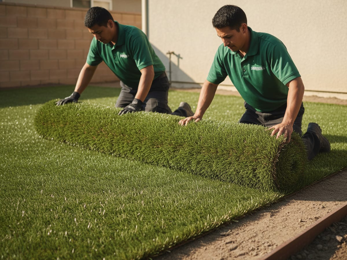 Crew rolling fresh artificial turf onto a graded base in a San Diego backyard