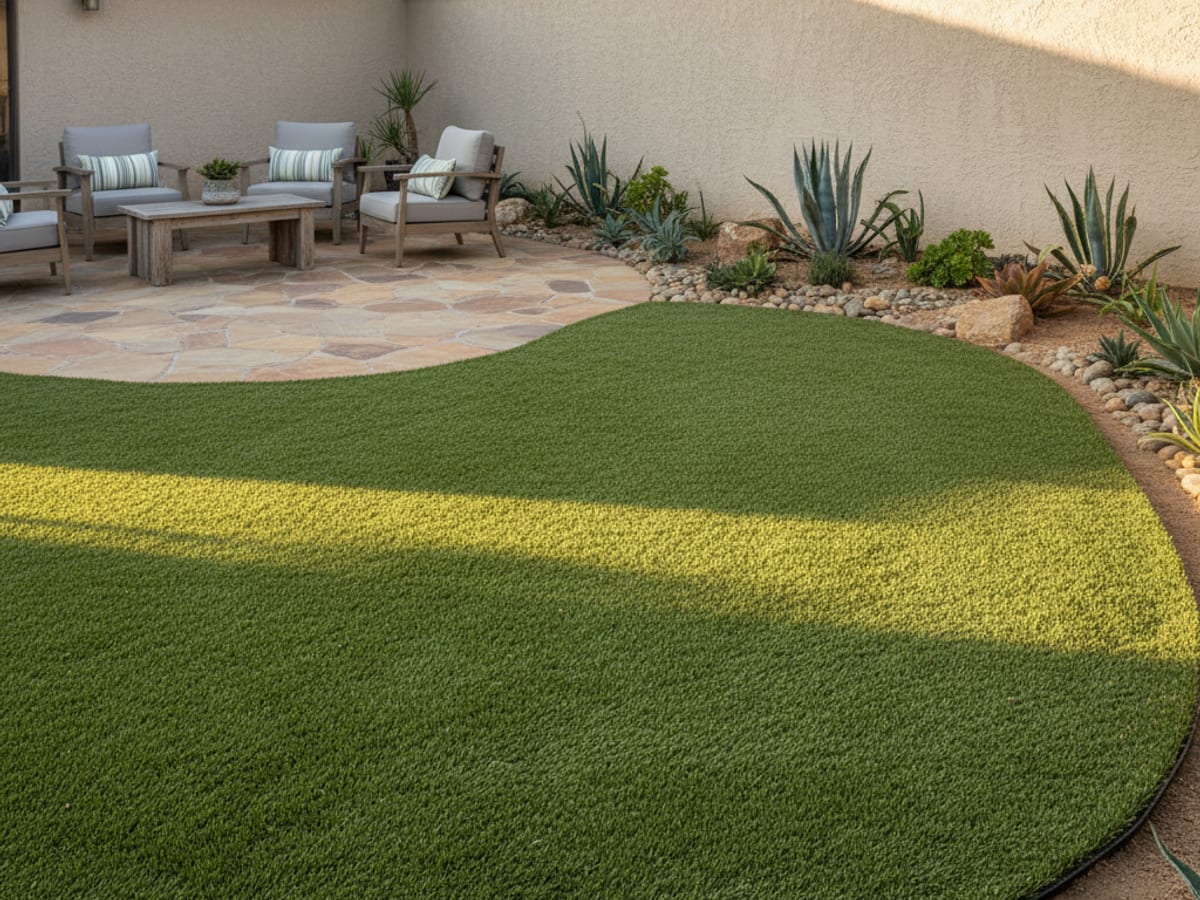 Family backyard with new artificial turf installed up to a hardscape patio in San Diego
