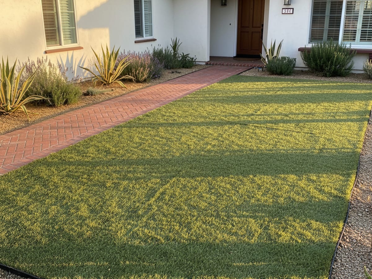 Front yard with new natural-looking artificial turf along a brick walkway in San Diego