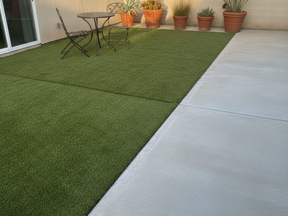 Backyard concrete patio with artificial turf glued over half the surface in San Diego