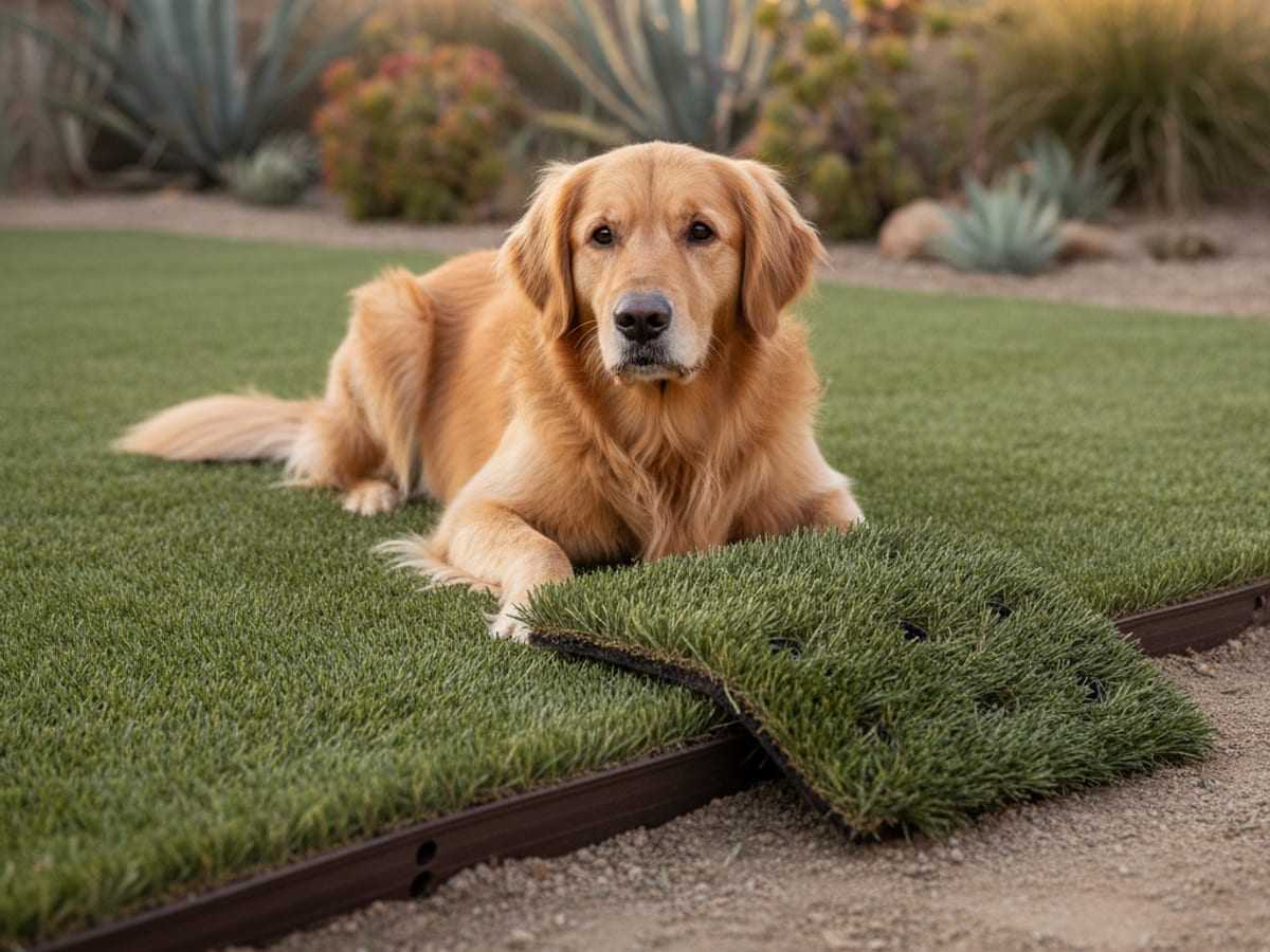 Golden retriever resting on freshly installed pet-rated artificial turf in a San Diego yard