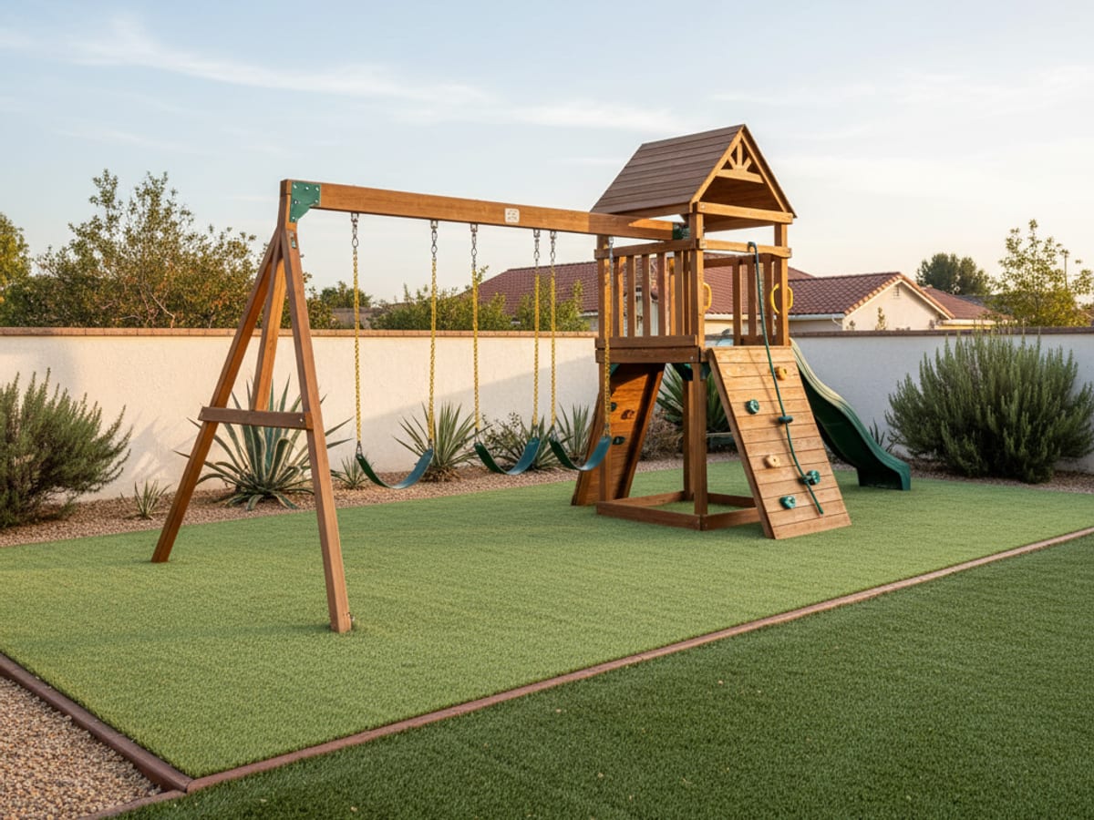 Backyard playground with swing set and play structure on padded artificial turf in San Diego