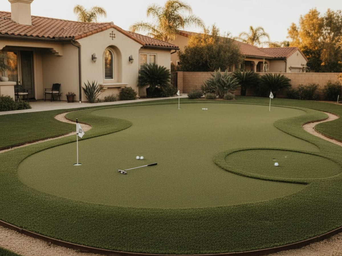 Backyard putting green with two cups, fringe edge, and an 8-foot chip pad in a San Diego yard