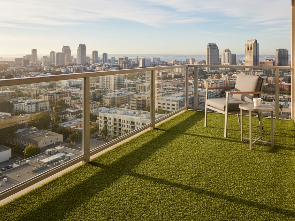 Downtown San Diego condo balcony with new lightweight artificial turf and patio furniture
