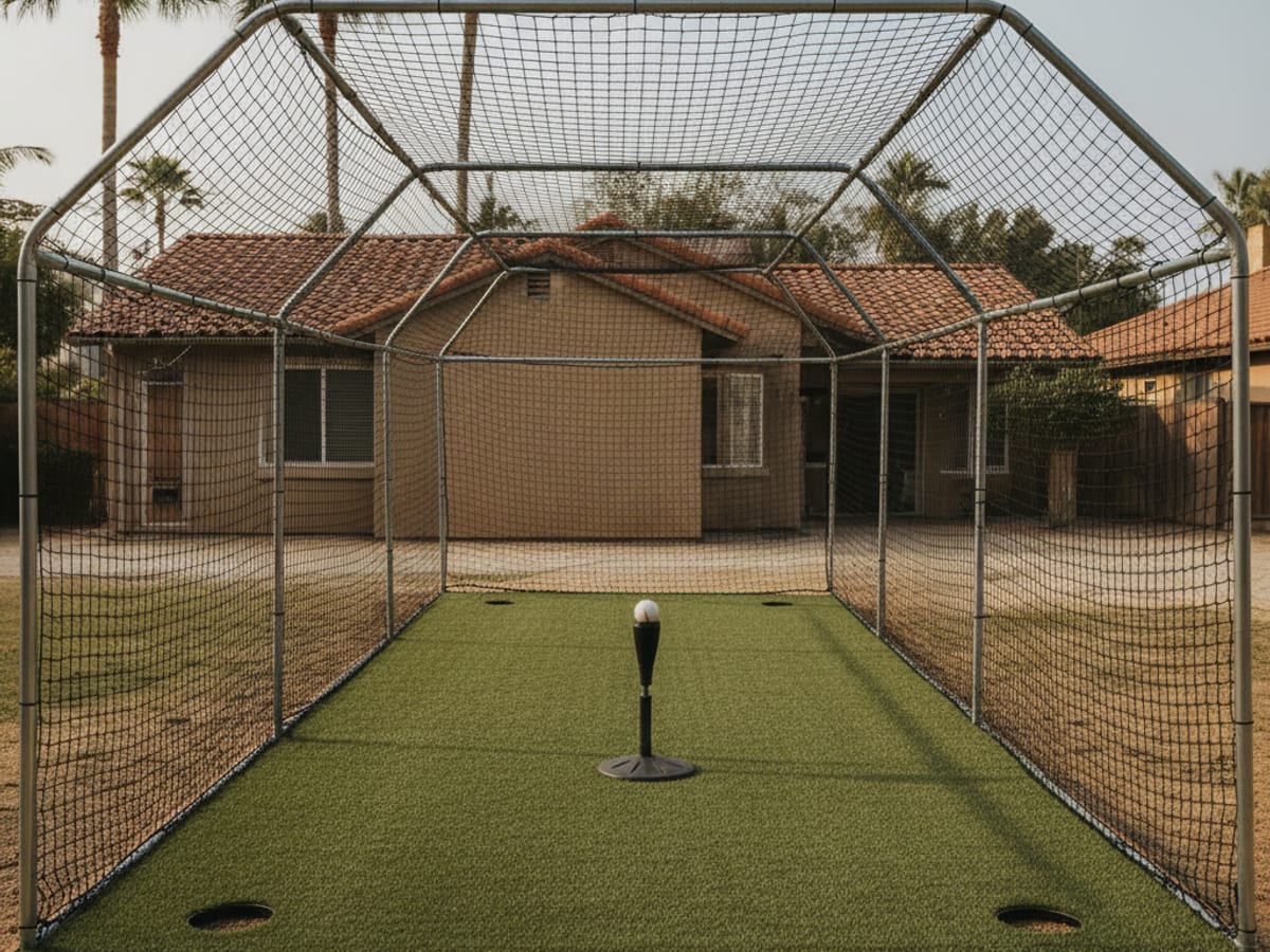 Backyard batting cage with synthetic turf hitting surface in San Diego