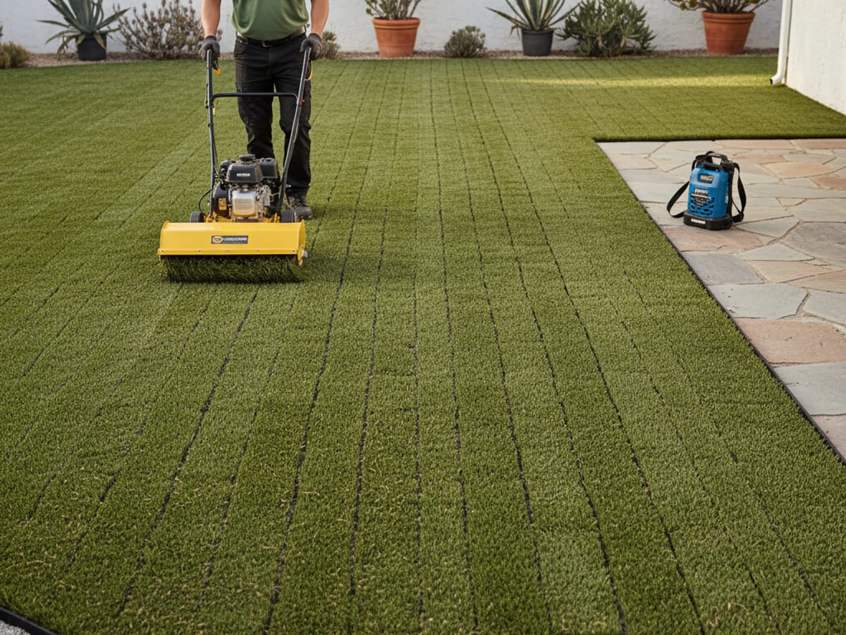 Power-brushing equipment fluffing artificial turf blades in a San Diego backyard